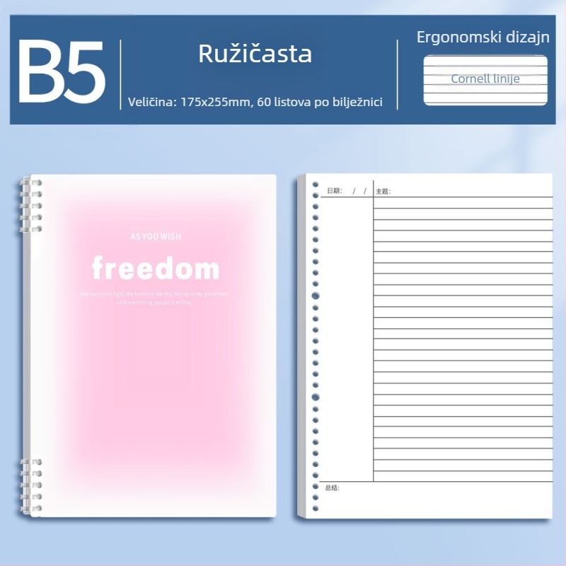 B5 Cornell bilježnica s odvojivim listovima, perforirana, uz Ebbinghausovu 5R memorijsku metodu, za učenike srednjih škola