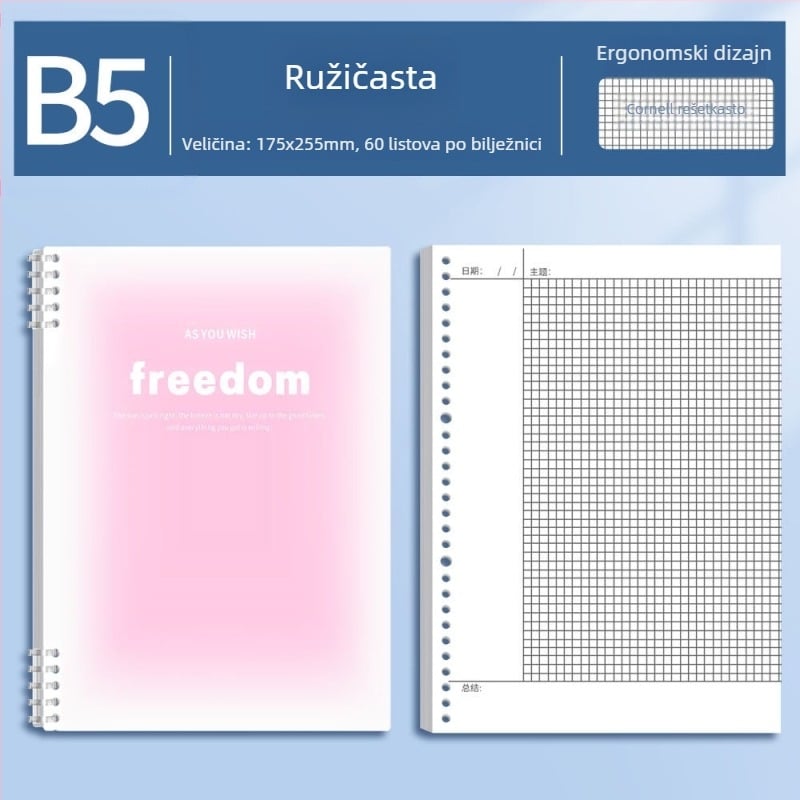 B5 Cornell bilježnica s odvojivim listovima, perforirana, uz Ebbinghausovu 5R memorijsku metodu, za učenike srednjih škola