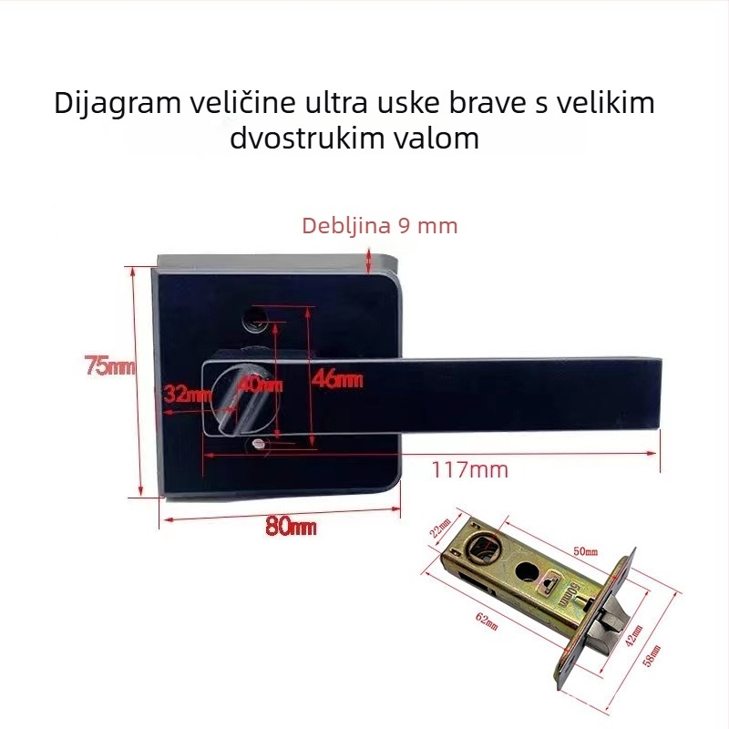 Menghong crna brava i kvaka za staklena vrata, kupaonica, uski okvir, profil 16/18