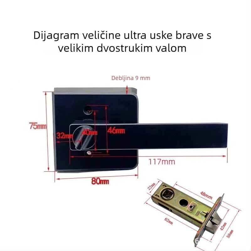Menghong crna brava i kvaka za staklena vrata, kupaonica, uski okvir, profil 16/18