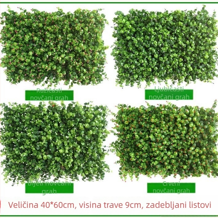 Plastična dekoracija umjetne trave, zid biljaka, pozadina za dnevni boravak ili vanjsku upotrebu, Milano-inspiriran dizajn sa zelenim biljkama i sitnim bijelim cvjetovima.