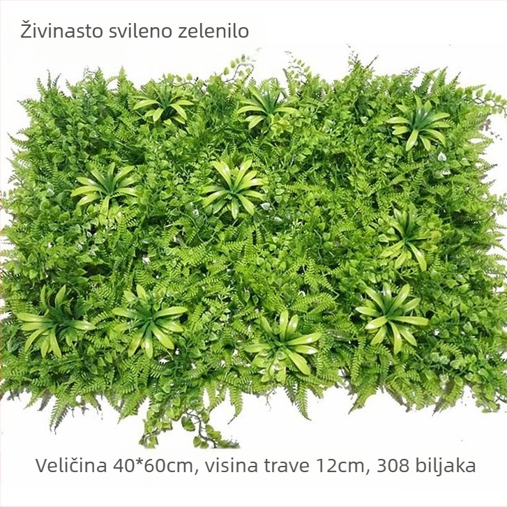 Plastična dekoracija umjetne trave, zid biljaka, pozadina za dnevni boravak ili vanjsku upotrebu, Milano-inspiriran dizajn sa zelenim biljkama i sitnim bijelim cvjetovima.