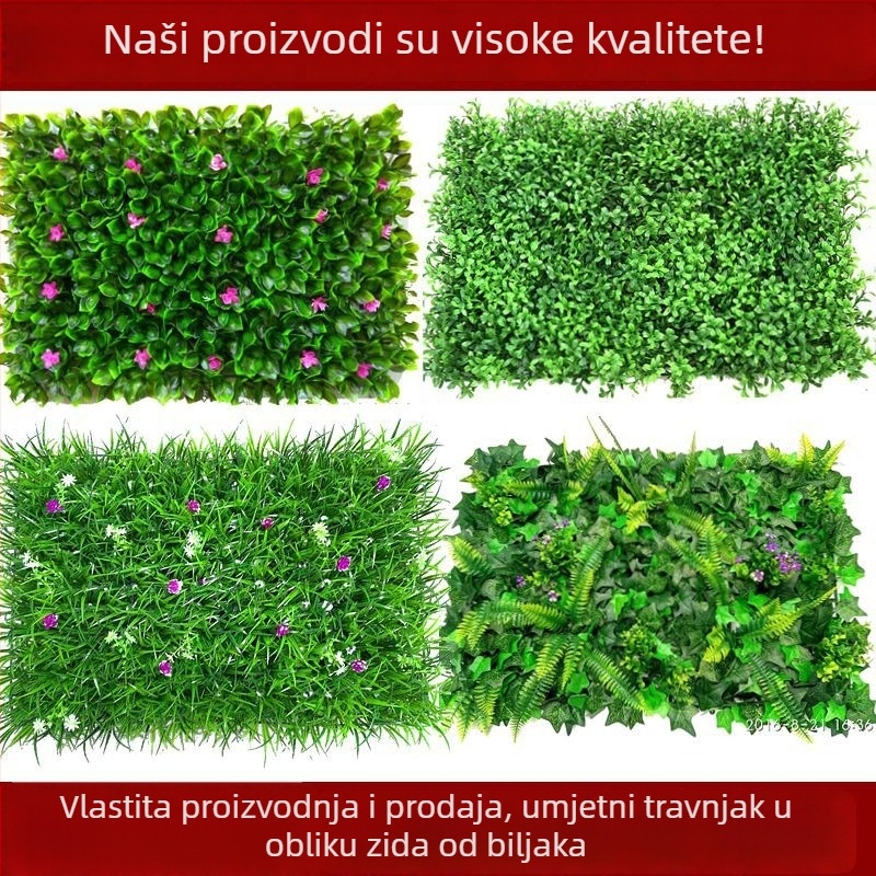 Plastična dekoracija umjetne trave, zid biljaka, pozadina za dnevni boravak ili vanjsku upotrebu, Milano-inspiriran dizajn sa zelenim biljkama i sitnim bijelim cvjetovima.