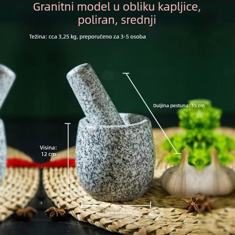 Kamena presica za češnjak i morter od granita, kućna uporaba