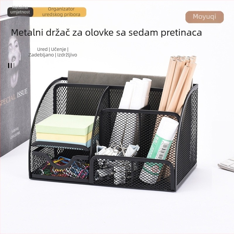 Metalni držač za olovke sa sedam pretinaca, veliki kapacitet, stolni organizator od željezne mreže