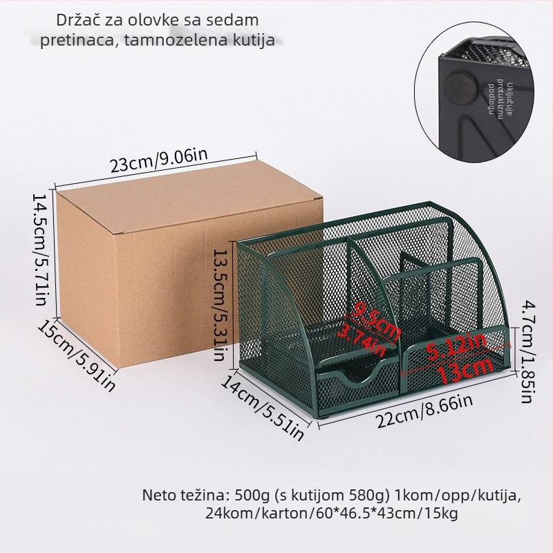 Metalni držač za olovke sa sedam pretinaca, veliki kapacitet, stolni organizator od željezne mreže