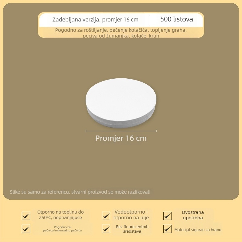 Debeli kružni papir za pečenje sa silikonskim premazom, neprijanjajući, dvostrani, otporan na visoke temperature i upija masnoću, za kućnu uporabu.