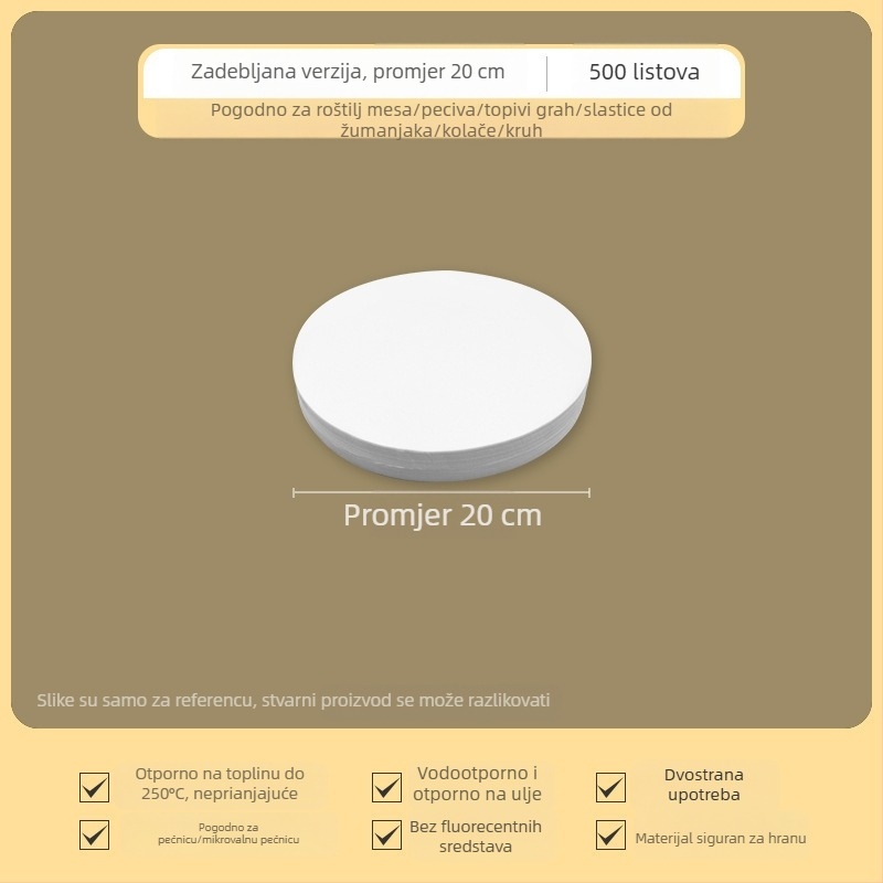 Debeli kružni papir za pečenje sa silikonskim premazom, neprijanjajući, dvostrani, otporan na visoke temperature i upija masnoću, za kućnu uporabu.