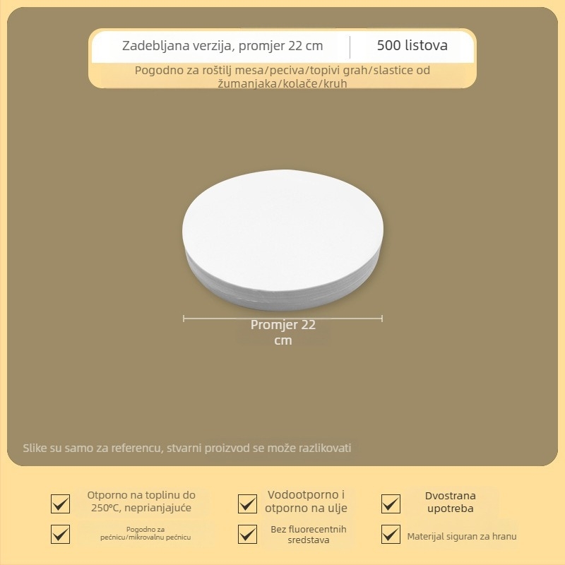 Debeli kružni papir za pečenje sa silikonskim premazom, neprijanjajući, dvostrani, otporan na visoke temperature i upija masnoću, za kućnu uporabu.