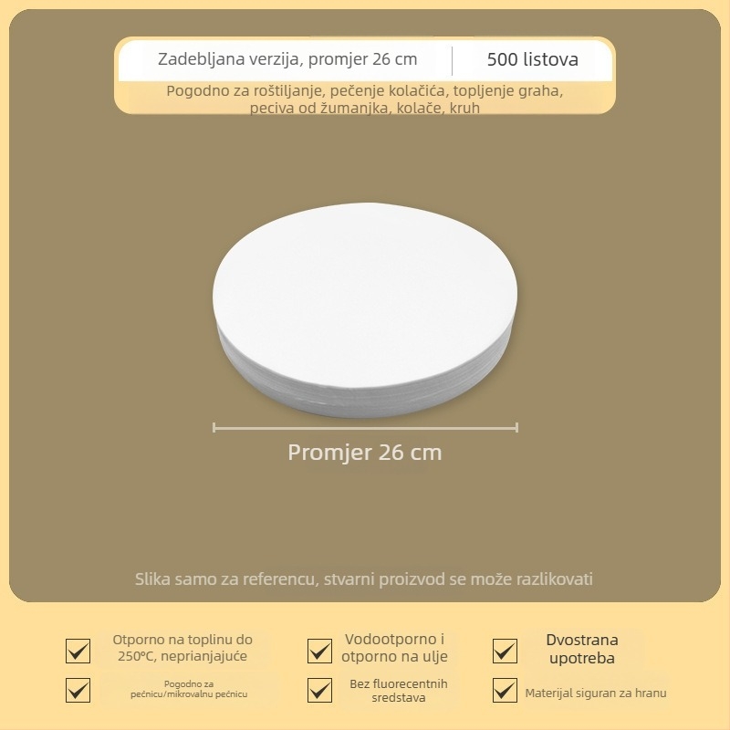 Debeli kružni papir za pečenje sa silikonskim premazom, neprijanjajući, dvostrani, otporan na visoke temperature i upija masnoću, za kućnu uporabu.