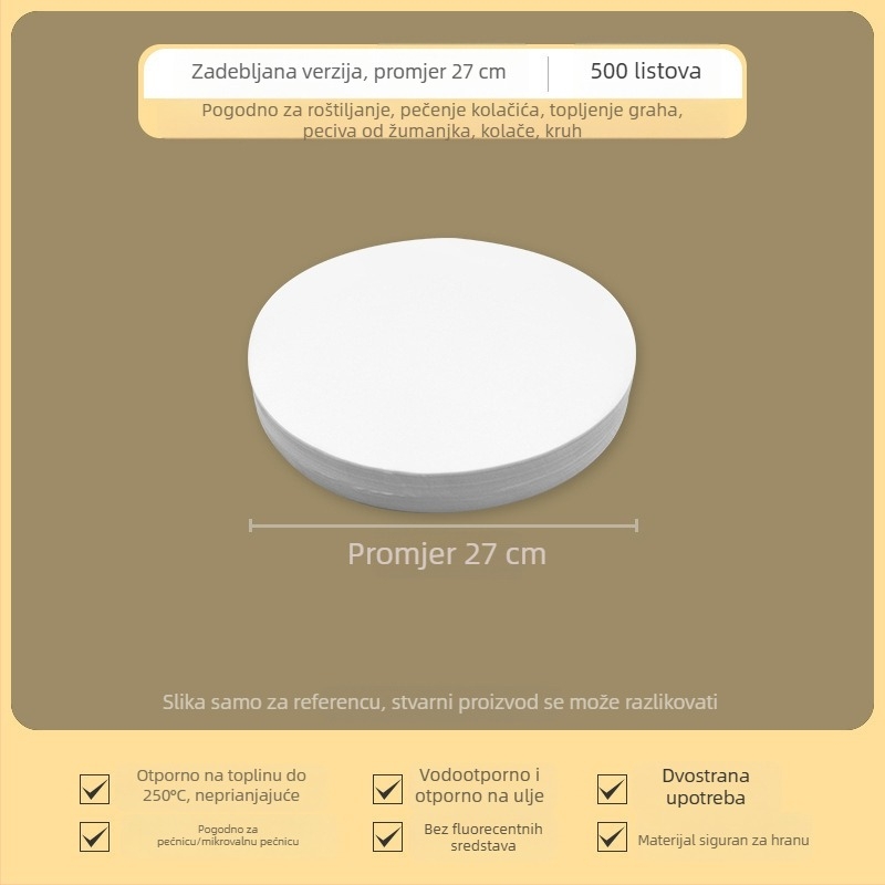 Debeli kružni papir za pečenje sa silikonskim premazom, neprijanjajući, dvostrani, otporan na visoke temperature i upija masnoću, za kućnu uporabu.