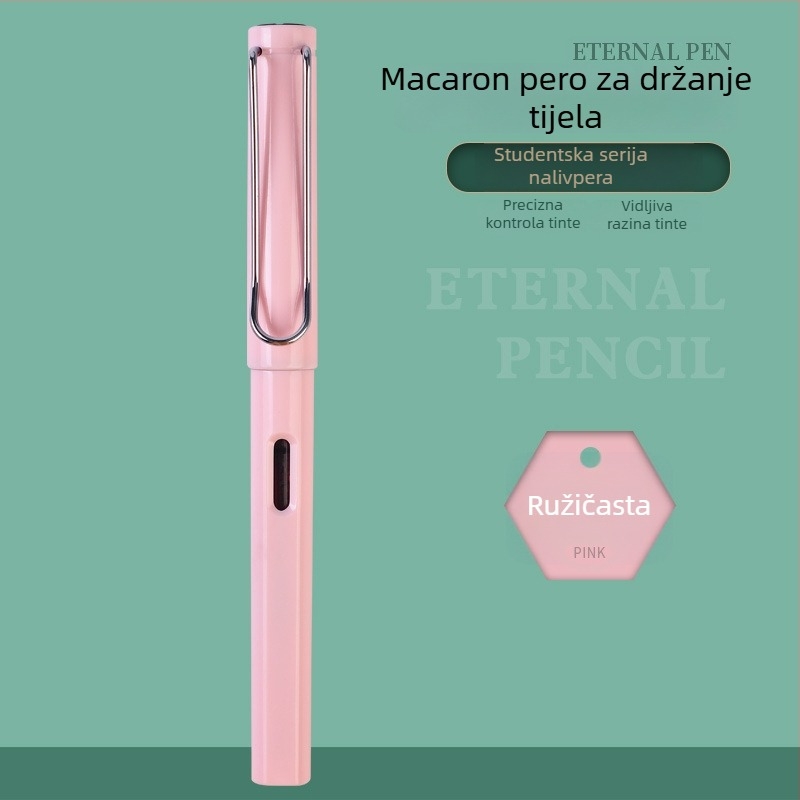 Pero za vježbanje pisanja uz ispravno držanje za učenike osnovne škole, s izmjenjivim spremnikom tinte, šarenim plastičnim kućištem i skrivenim vrhom.