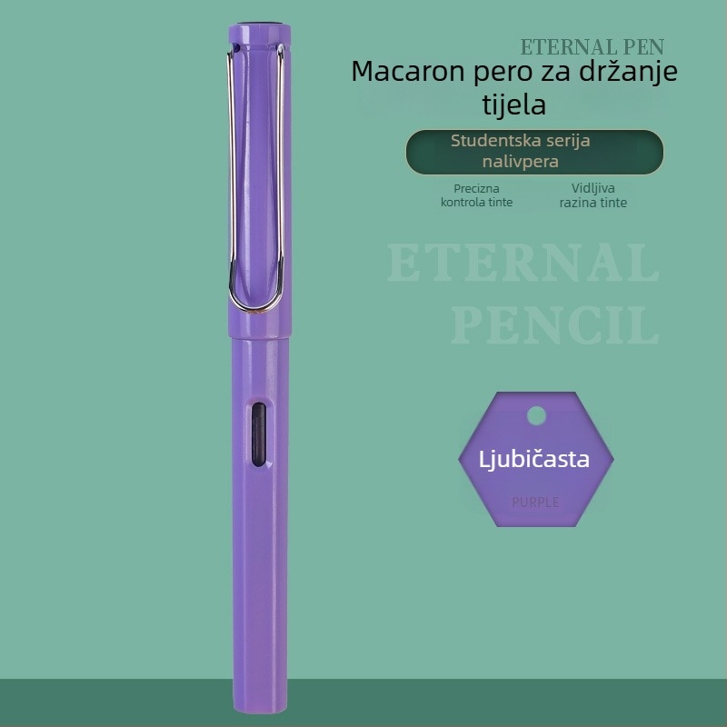 Pero za vježbanje pisanja uz ispravno držanje za učenike osnovne škole, s izmjenjivim spremnikom tinte, šarenim plastičnim kućištem i skrivenim vrhom.