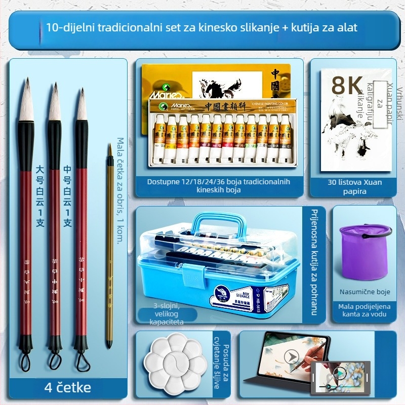 Potpuni set kineskih pigmenata za crtanje s alatima Gongbi – materijali za početnike, kinesko pejzažno slikanje tušem
