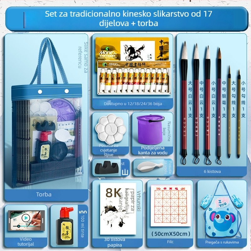 Potpuni set kineskih pigmenata za crtanje s alatima Gongbi – materijali za početnike, kinesko pejzažno slikanje tušem