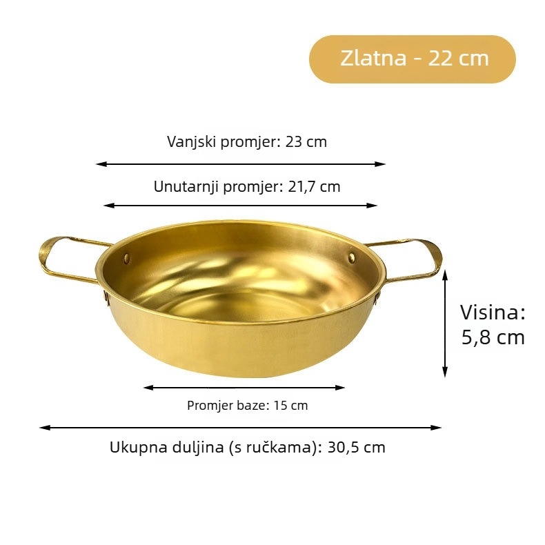 Korejski stil lonac za instant rezance, nehrđajući čelik, zlatna boja, dvostruke ručke, ravno dno, kompaktni lonac za kućnu upotrebu