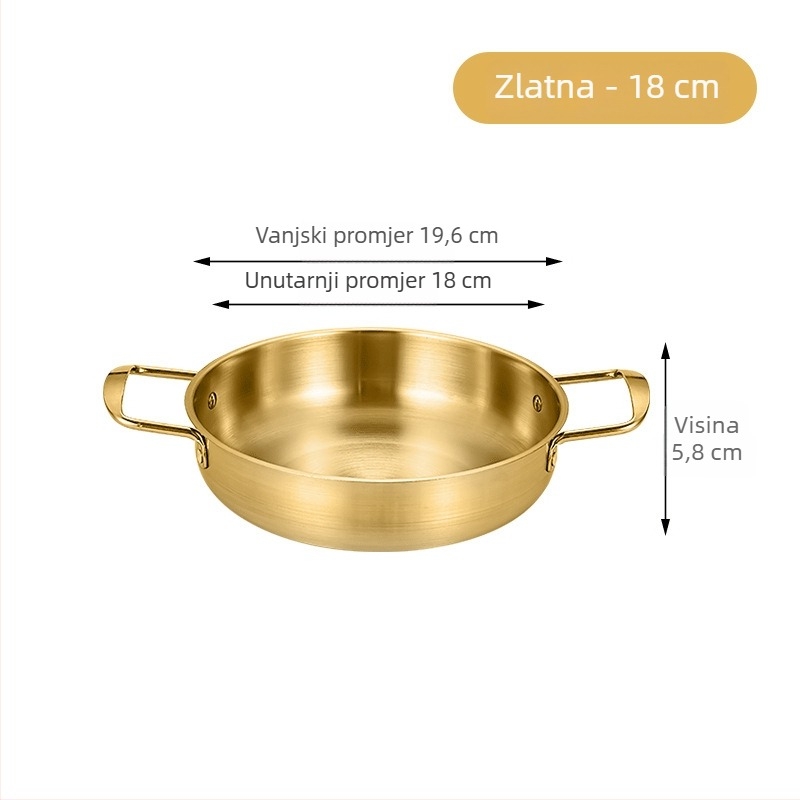 Korejski stil lonac za instant rezance, nehrđajući čelik, zlatna boja, dvostruke ručke, ravno dno, kompaktni lonac za kućnu upotrebu