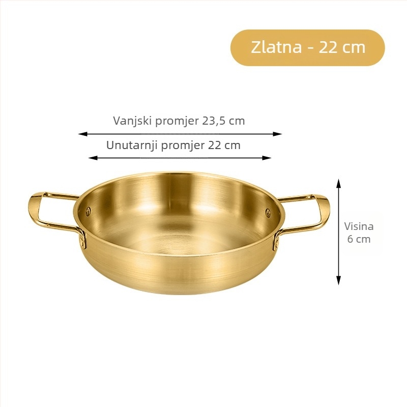 Korejski stil lonac za instant rezance, nehrđajući čelik, zlatna boja, dvostruke ručke, ravno dno, kompaktni lonac za kućnu upotrebu