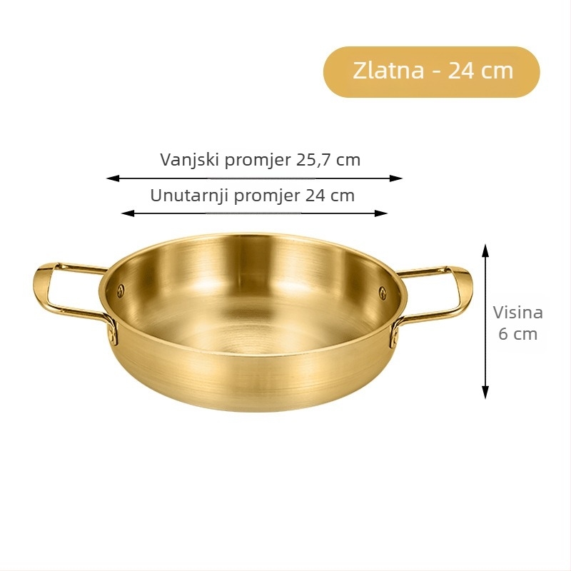 Korejski stil lonac za instant rezance, nehrđajući čelik, zlatna boja, dvostruke ručke, ravno dno, kompaktni lonac za kućnu upotrebu
