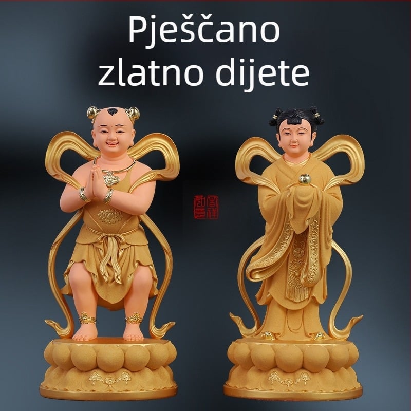 Guanyin statue sa zlatnim dječakom i jade djevojkom, ukras za dom za blagostanje s lijevim i desnim pratiteljima