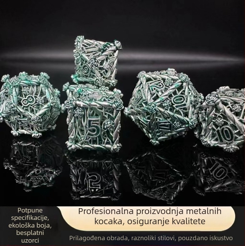 Metalni set kockica za stolne RPG s otvorenim uzorkom ruže