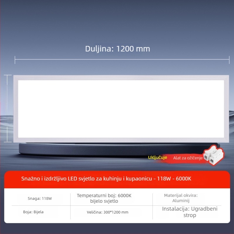 Ugradna LED ravna ploča za strop, 600×1200 mm i 300×1200 mm, aluminijski okvir na gipskartonu, ugradna