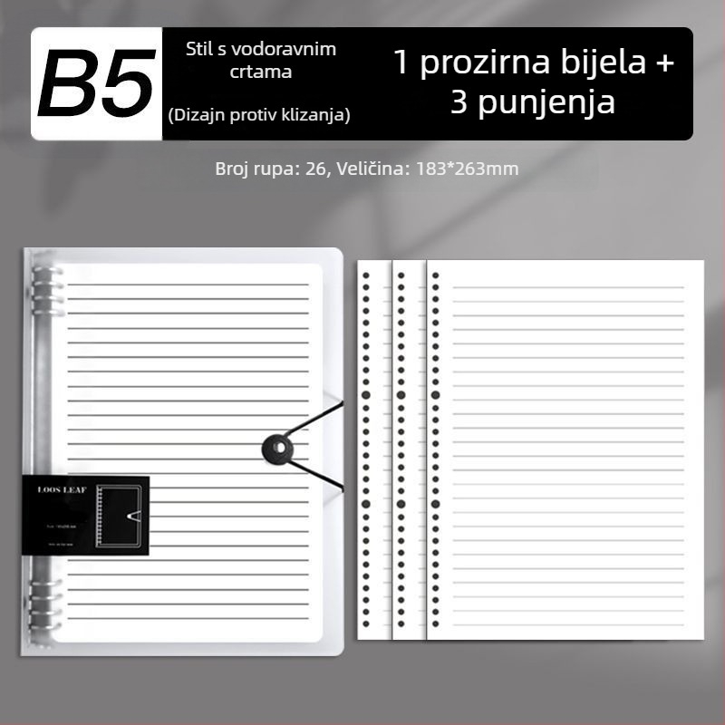 B5 bilježnica s uklonjivim listovima i zamjenjivim umetcima, A4 bilježnica s gridom, debela, za školu i ured
