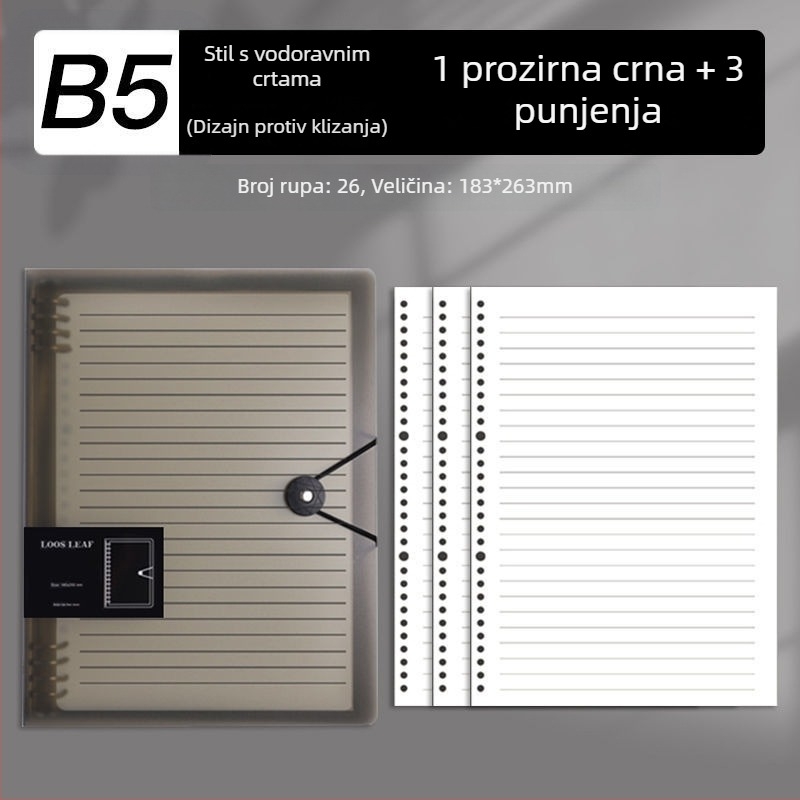 B5 bilježnica s uklonjivim listovima i zamjenjivim umetcima, A4 bilježnica s gridom, debela, za školu i ured