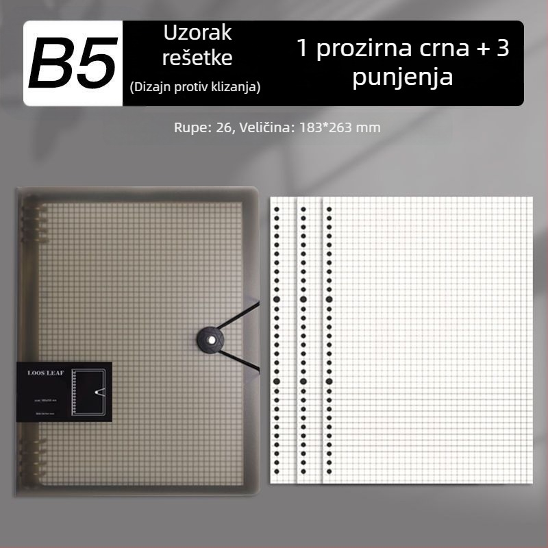 B5 bilježnica s uklonjivim listovima i zamjenjivim umetcima, A4 bilježnica s gridom, debela, za školu i ured