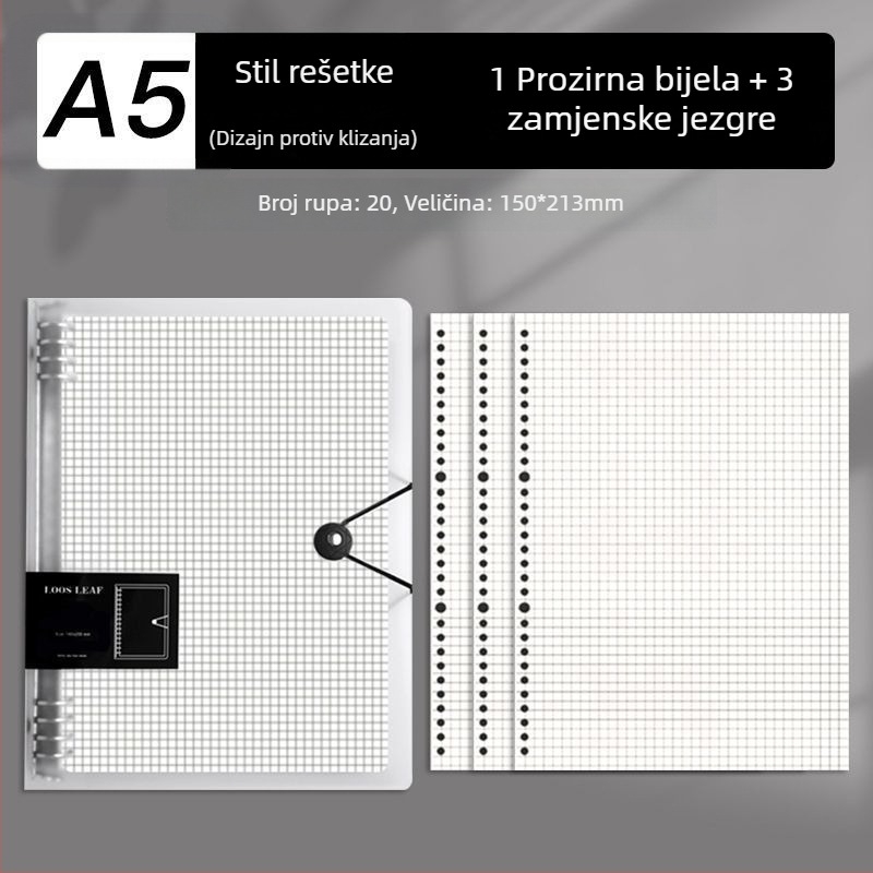 B5 bilježnica s uklonjivim listovima i zamjenjivim umetcima, A4 bilježnica s gridom, debela, za školu i ured