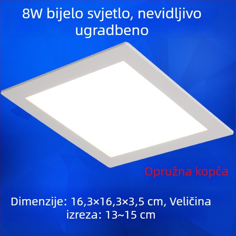 Kvadratna LED stropna svjetiljka za kuhinju i kupaonicu, ugrađena, otvor za ugradnju 17–20 cm