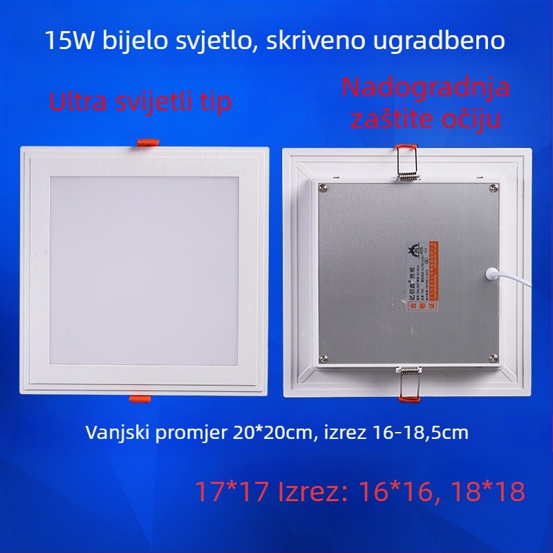 Kvadratna LED stropna svjetiljka za kuhinju i kupaonicu, ugrađena, otvor za ugradnju 17–20 cm