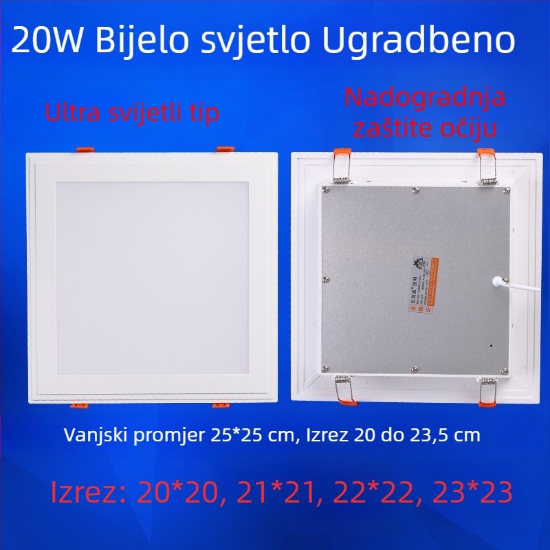 Kvadratna LED stropna svjetiljka za kuhinju i kupaonicu, ugrađena, otvor za ugradnju 17–20 cm