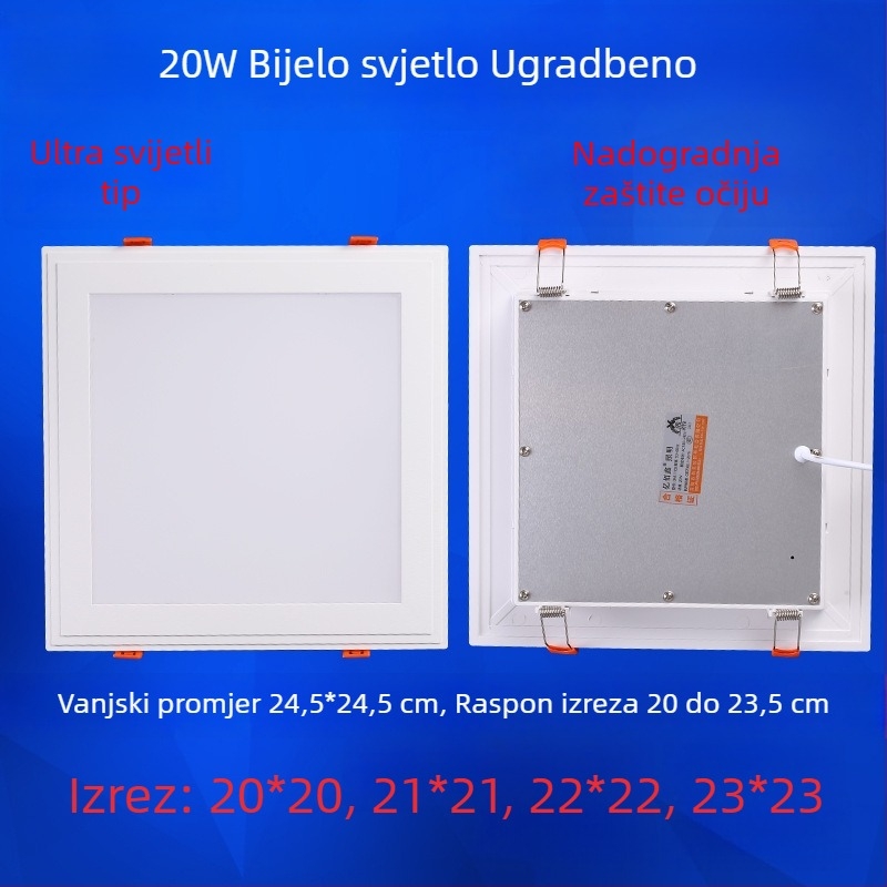 Kvadratna LED stropna svjetiljka za kuhinju i kupaonicu, ugrađena, otvor za ugradnju 17–20 cm