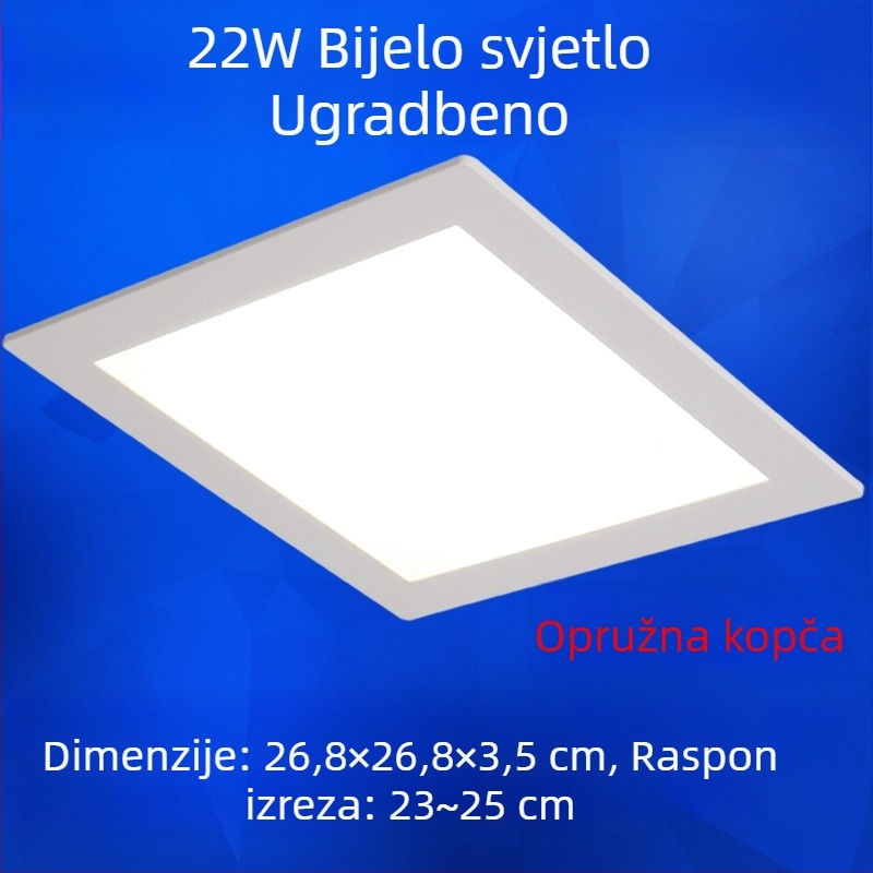 Kvadratna LED stropna svjetiljka za kuhinju i kupaonicu, ugrađena, otvor za ugradnju 17–20 cm