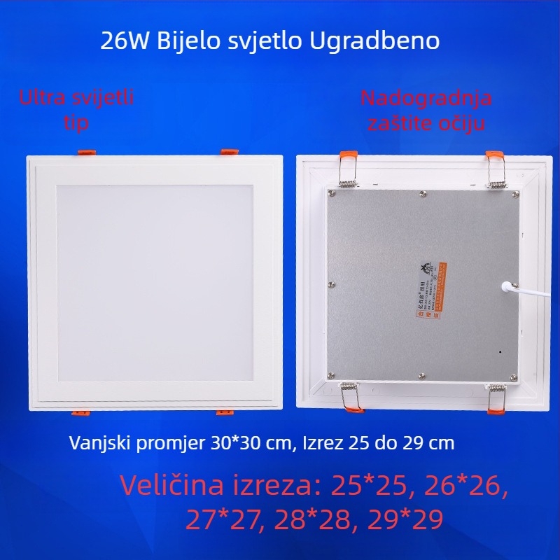 Kvadratna LED stropna svjetiljka za kuhinju i kupaonicu, ugrađena, otvor za ugradnju 17–20 cm