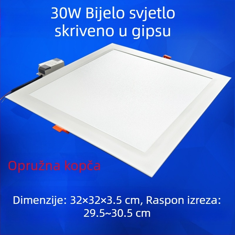 Kvadratna LED stropna svjetiljka za kuhinju i kupaonicu, ugrađena, otvor za ugradnju 17–20 cm