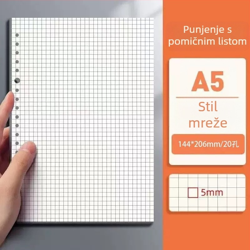 Papir za zamjenu za bilježnicu s 20 rupa, B5 prazne stranice; A5 s 26 rupa i unutarnje stranice s linijama