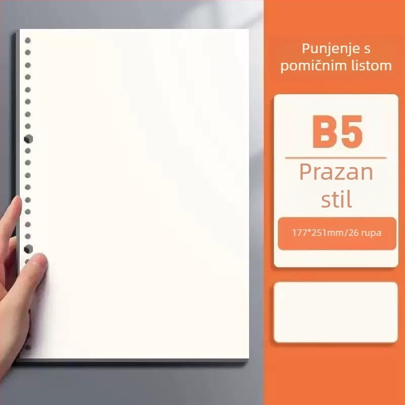 Papir za zamjenu za bilježnicu s 20 rupa, B5 prazne stranice; A5 s 26 rupa i unutarnje stranice s linijama