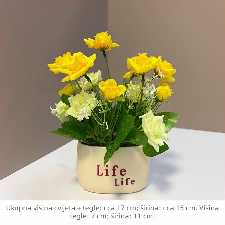 Umjetni buket suncokreta u malom loncu s ružama, dekor za dnevni boravak i blagovaonu