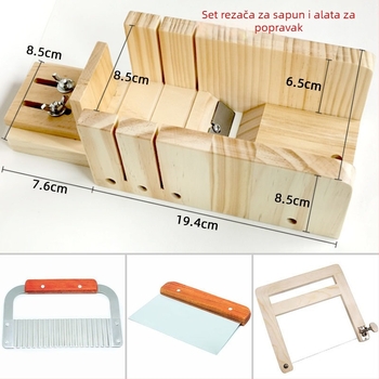 DIY alati za toplinski postup izrade sapuna: baza sapuna, kalup za sapun u obliku kruha i rezač, pigmenti, lonac za otapanje voska i grijač
