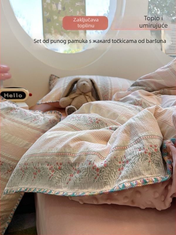 Jesen-zimski pamučni jacquard set posteljine s Bean Velvet, nježan ružičasti cvjetni uzorak, četiri dijela