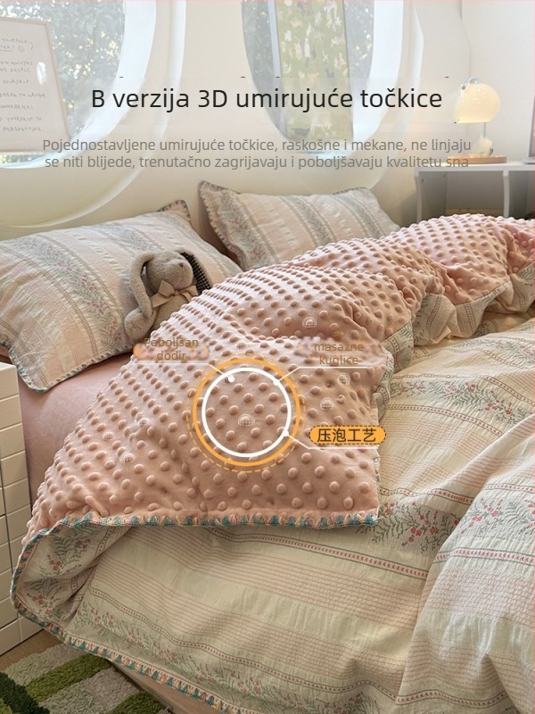 Jesen-zimski pamučni jacquard set posteljine s Bean Velvet, nježan ružičasti cvjetni uzorak, četiri dijela