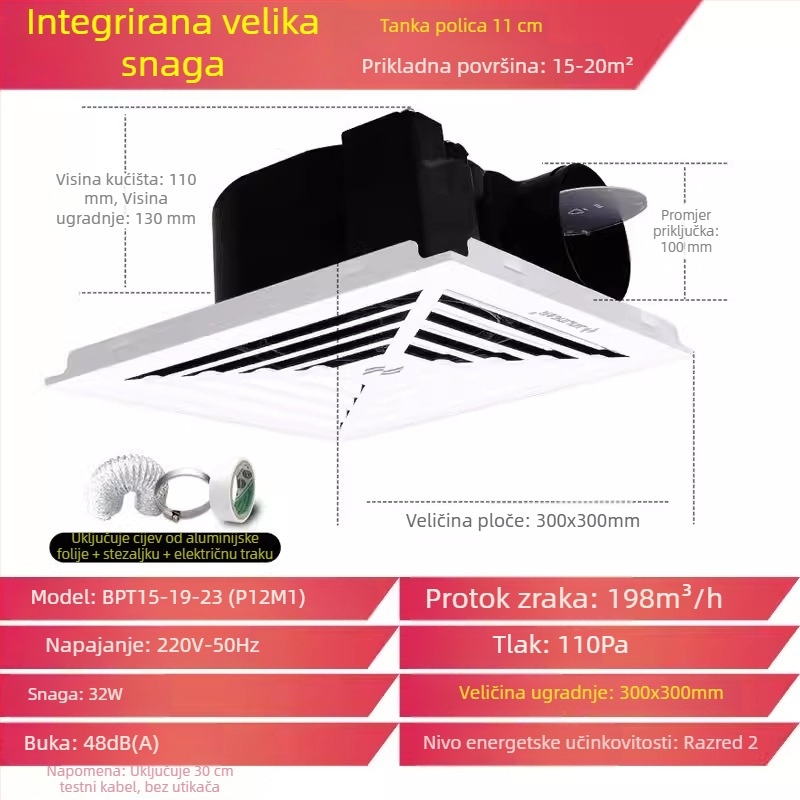 Jinling stropni ventilator za suhozidni strop, 30x30 cm, ventilacija kupaonice i WC-a