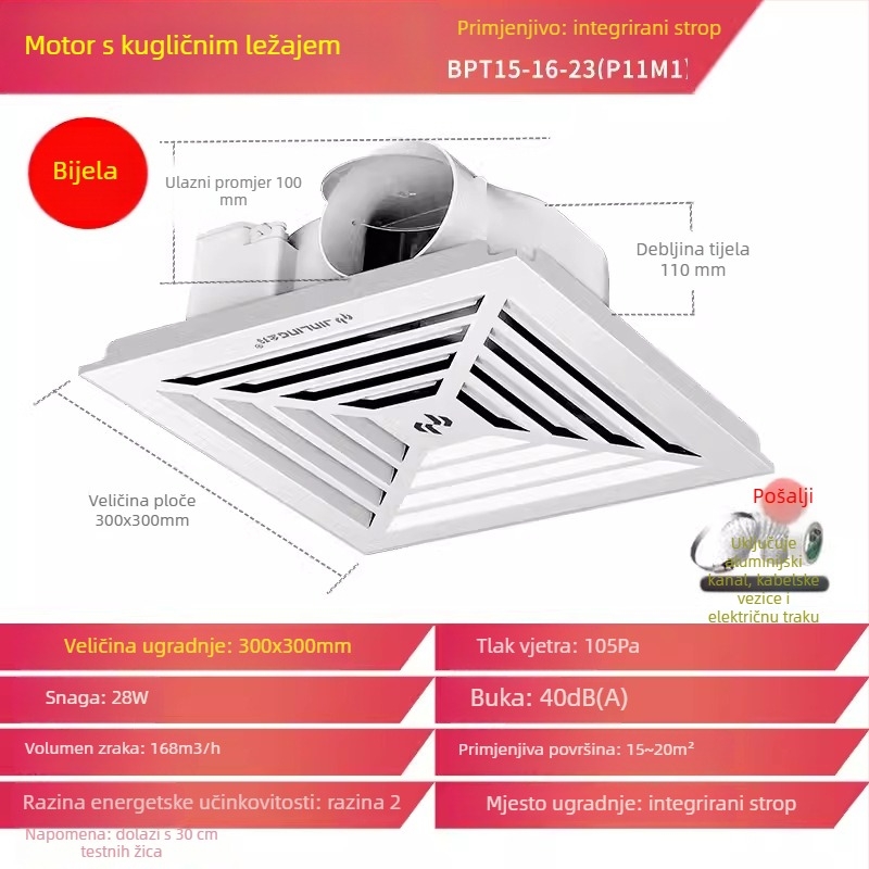Jinling stropni ventilator za suhozidni strop, 30x30 cm, ventilacija kupaonice i WC-a