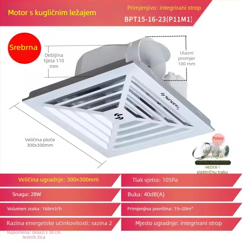 Jinling stropni ventilator za suhozidni strop, 30x30 cm, ventilacija kupaonice i WC-a