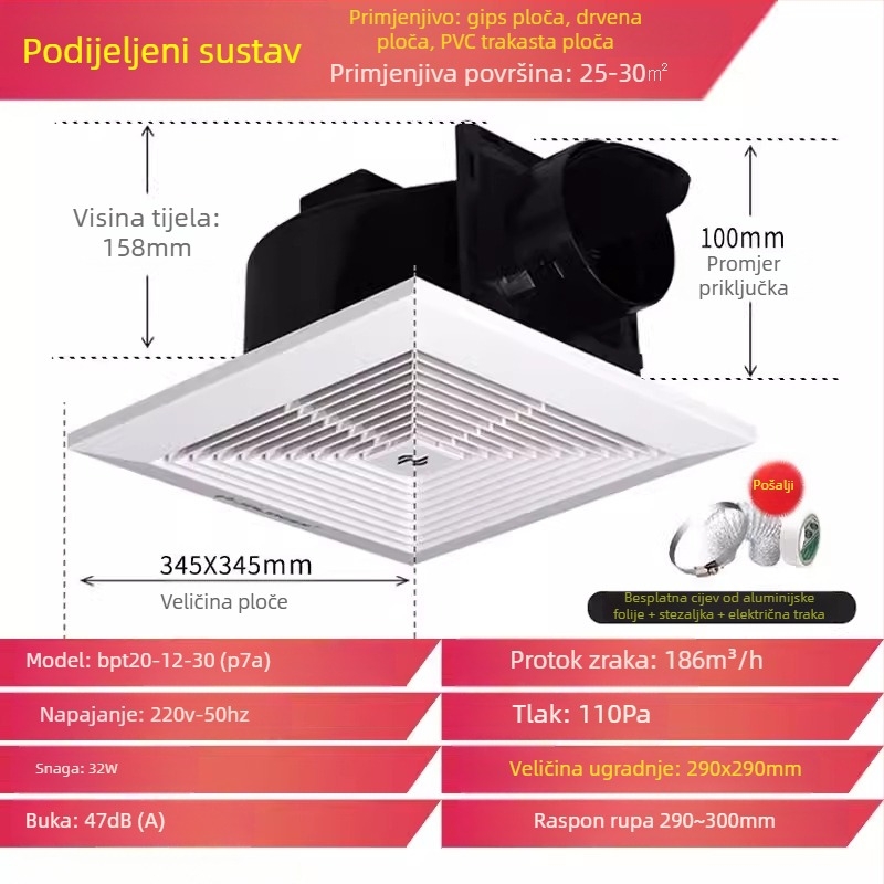 Jinling stropni ventilator za suhozidni strop, 30x30 cm, ventilacija kupaonice i WC-a