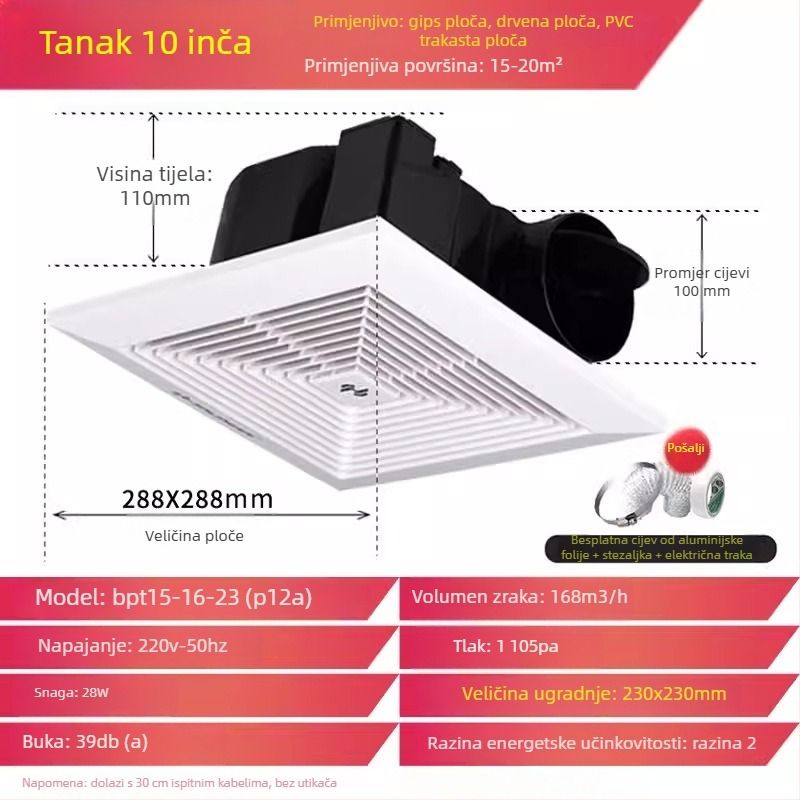 Jinling stropni ventilator za suhozidni strop, 30x30 cm, ventilacija kupaonice i WC-a