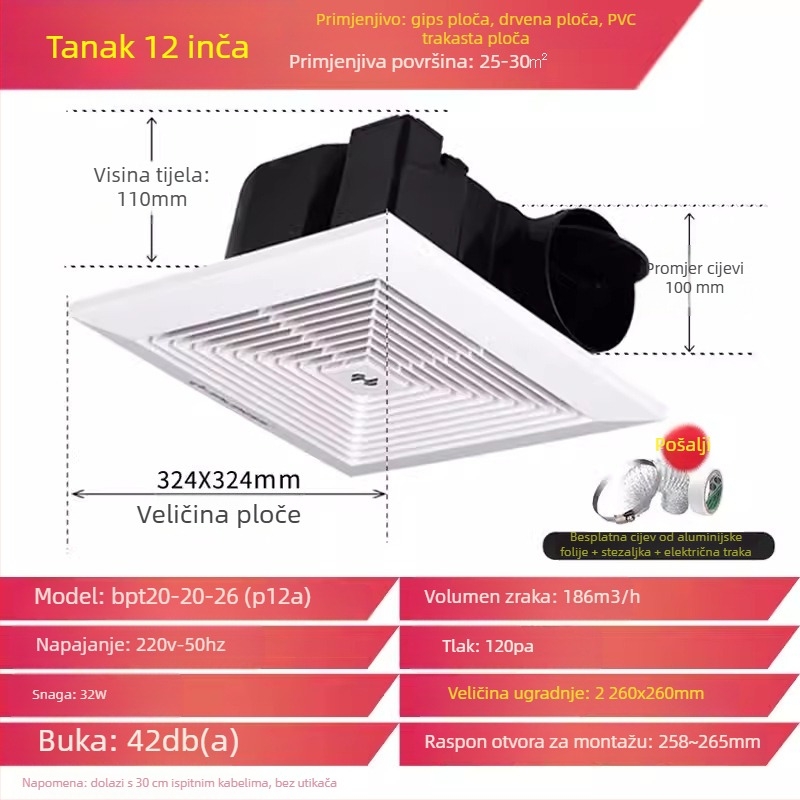 Jinling stropni ventilator za suhozidni strop, 30x30 cm, ventilacija kupaonice i WC-a