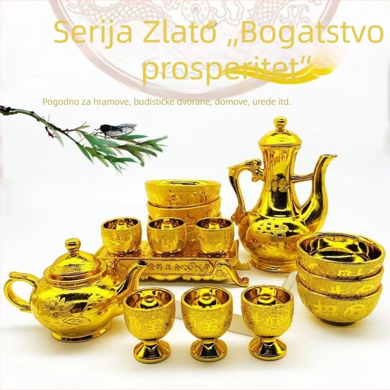 Plastični set za darivanje s pozlaćenim lotosom: posuda za vino, čajnik, šalice, zdjele, tanjuri i štapići za jelo
